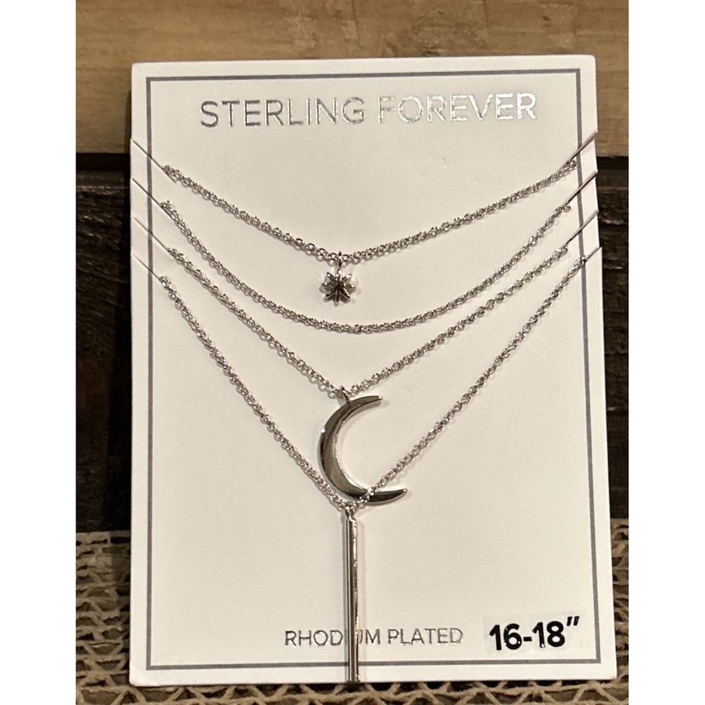 Sterling Forever‎ Crescent & Bar Multi Layer Necklace Rhodium Plated Brass New